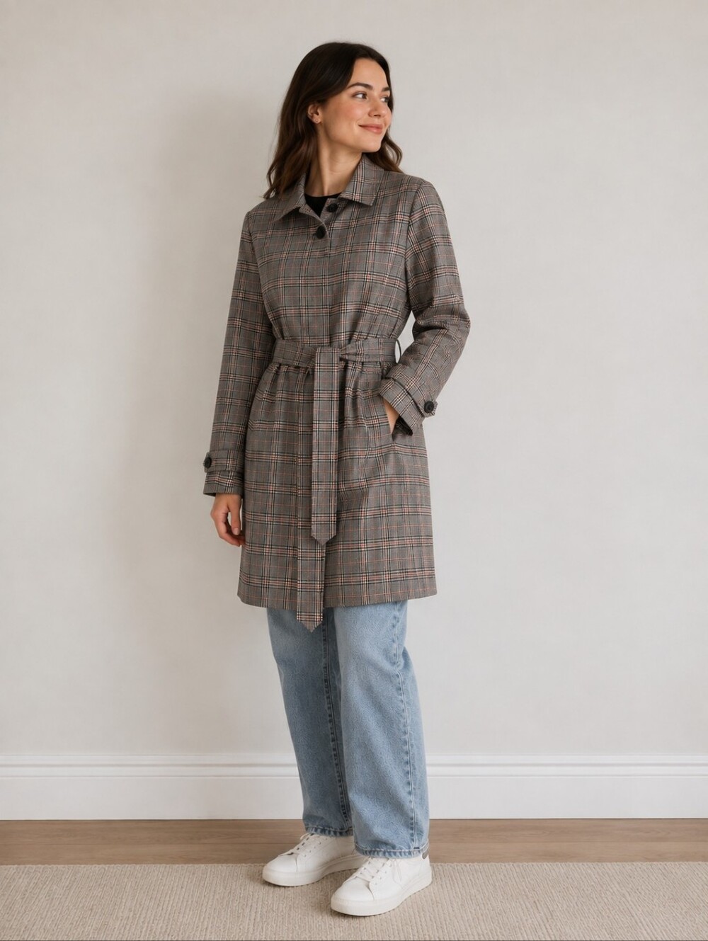 NWT CLEO Plaid Trench Coat - Taupe Plaid